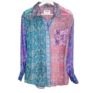 Dream Catcher 100% Silk Colorful Long Sleeve Button-Up Shirt Multi Women's 36/M